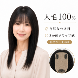 人毛100％ 前髪付き ヘアピース 7×13cm 長さ約35cm 3点クリップ式 女性用 部分ウィッグ 頭頂部 白髪・薄毛カバー 自然な分け目