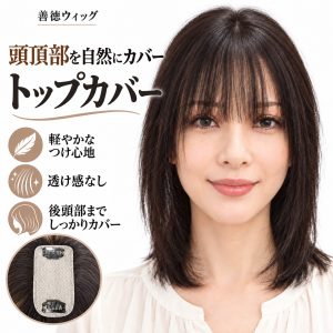 善徳ウィッグ 人毛100％ トップカバー 部分ウィッグ 前髪付き ベース6×13cm 長さ約25cm ナチュラルブラック・ブラウン 2色展開 頭頂部・分け目・白髪カバー 後頭部までカバー 自然なボリュームアップ